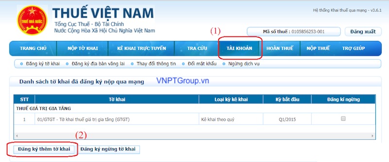 đăng ký thêm tờ khai nộp hoá đơn điện tử vnpt